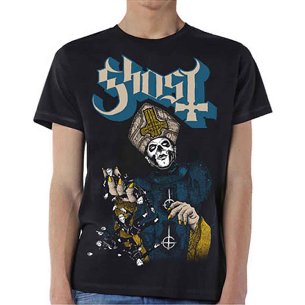 Black t-shirt with Ghost band logo and papal imagery on front.