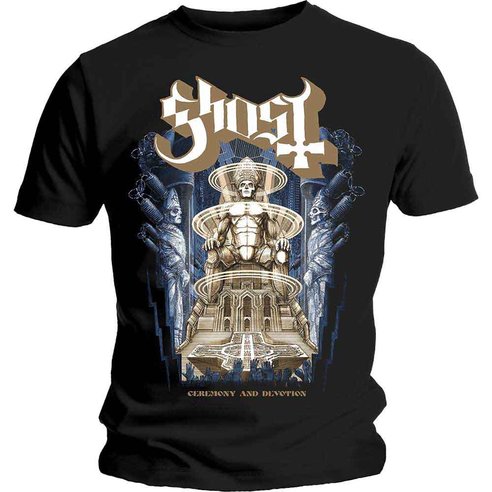 Black Ghost T-shirt with ornate gold and blue religious imagery.