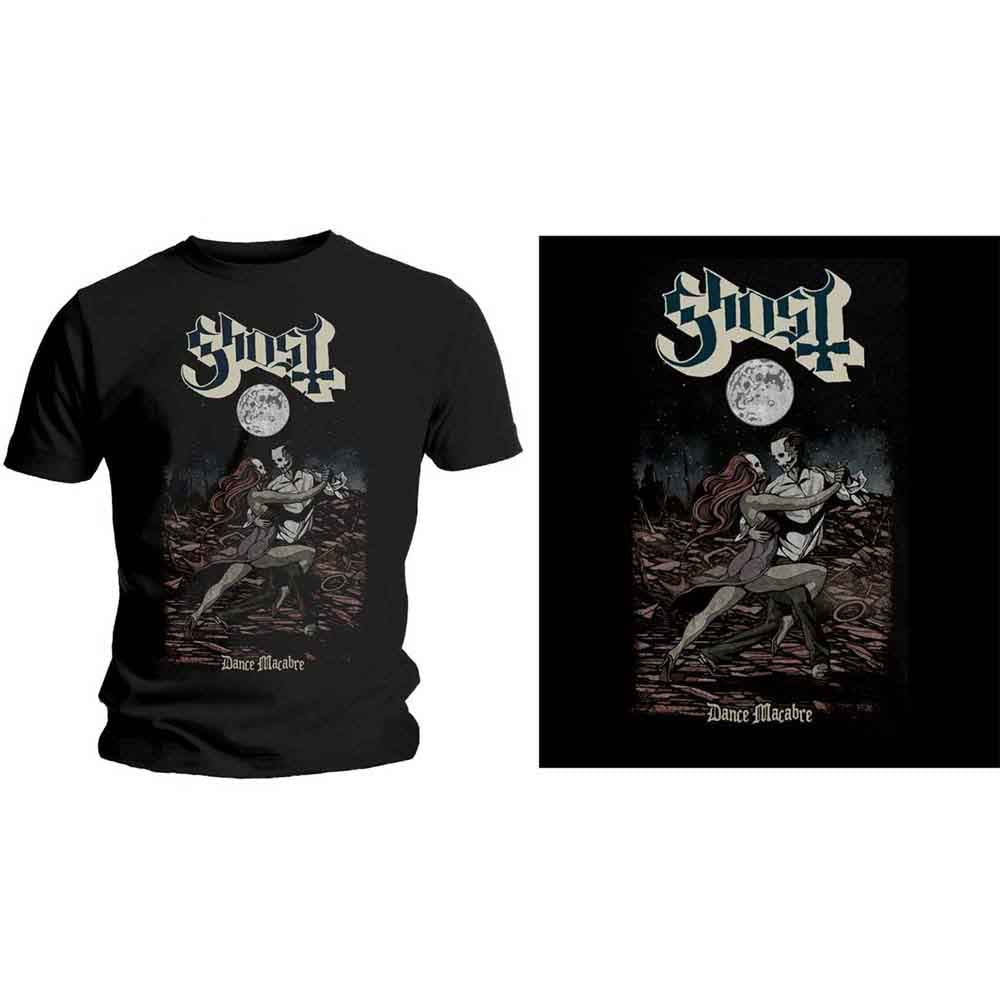 Black Ghost T-shirt with skeletal figures dancing under the moon.