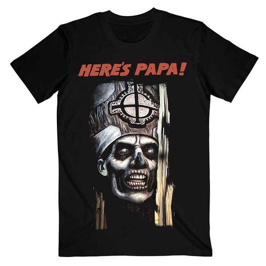 Black t-shirt with a skull and text graphic, worn by a man.