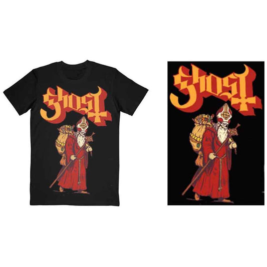 Black t-shirt with "Ghost" band logo and Papa Noel illustration.
