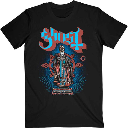 Black t-shirt with ornate graphic of a skeletal pope and "Ghost" logo.