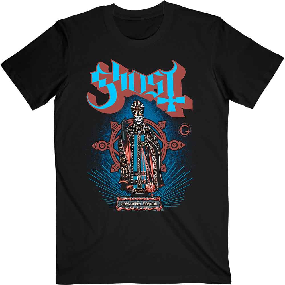 Black t-shirt with ornate graphic of a skeletal pope and "Ghost" logo.