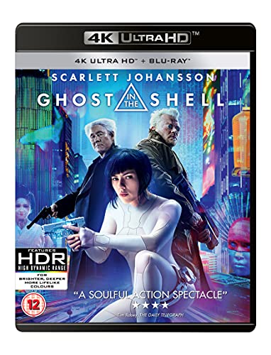 Ghost in the Shell" Blu-ray cover featuring Scarlett Johansson and cast.