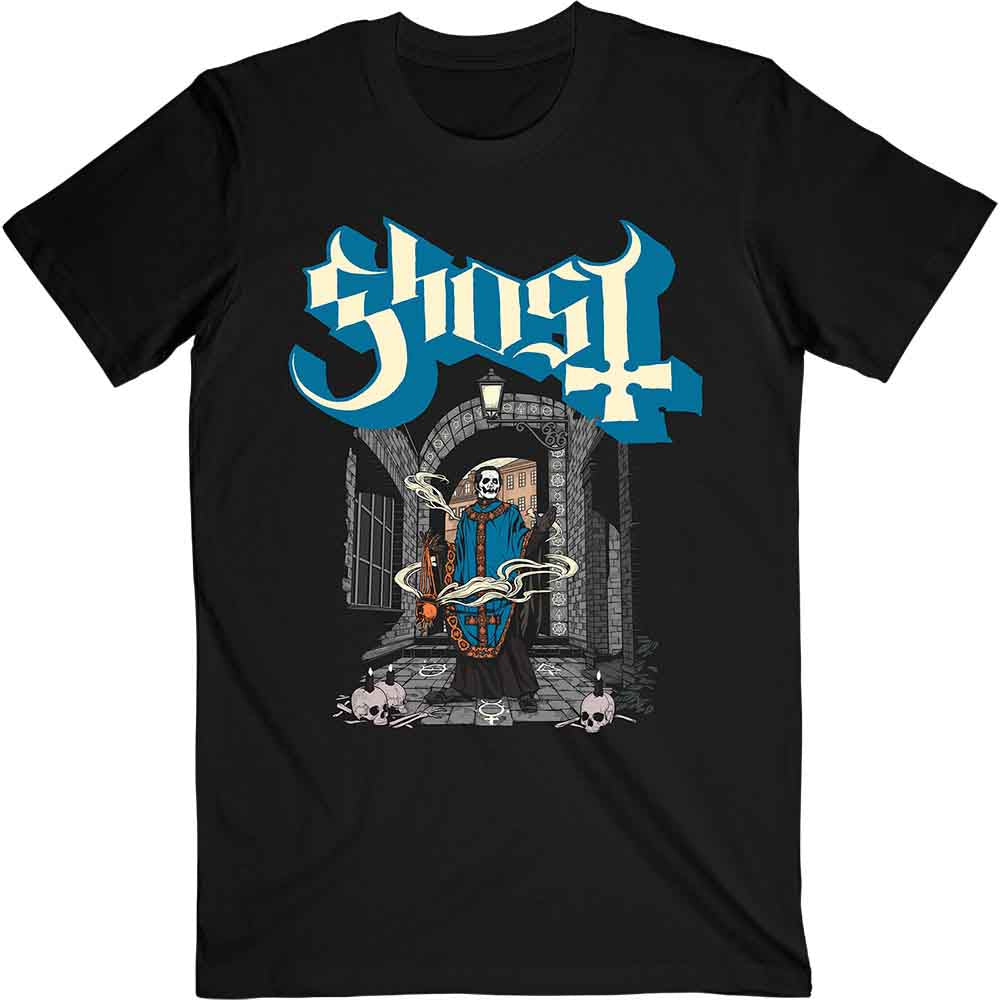 Black t-shirt with Ghost band logo featuring a skeletal figure.