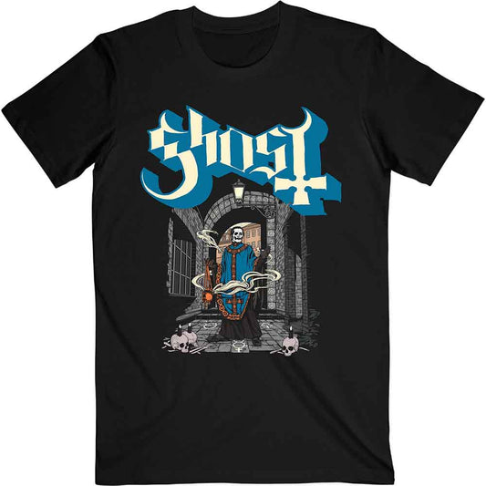 Black t-shirt with Ghost band logo featuring a skeletal figure.