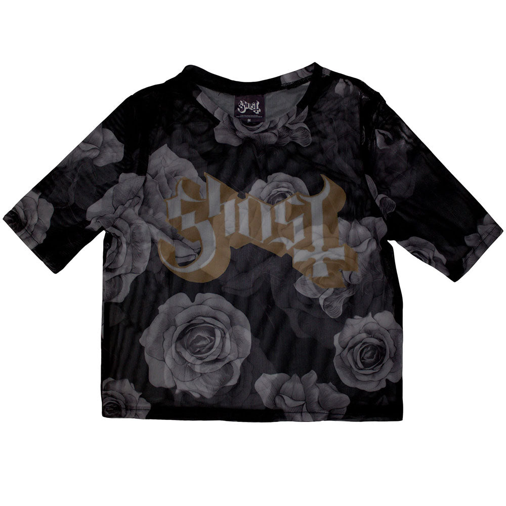 Black mesh crop top featuring a Ghost band logo and red rose graphic print.