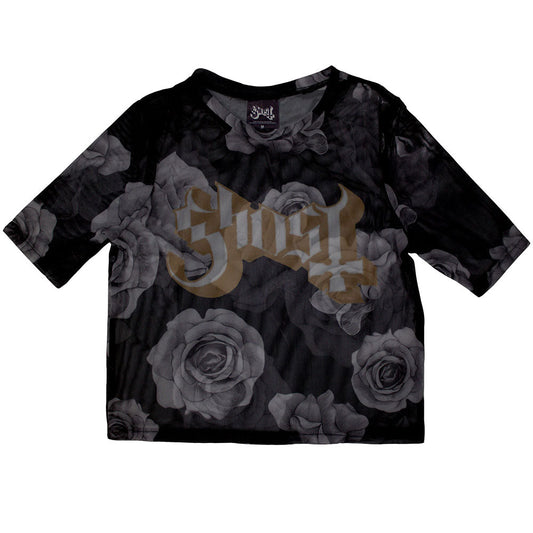 Black mesh crop top featuring a Ghost band logo and red rose graphic print.