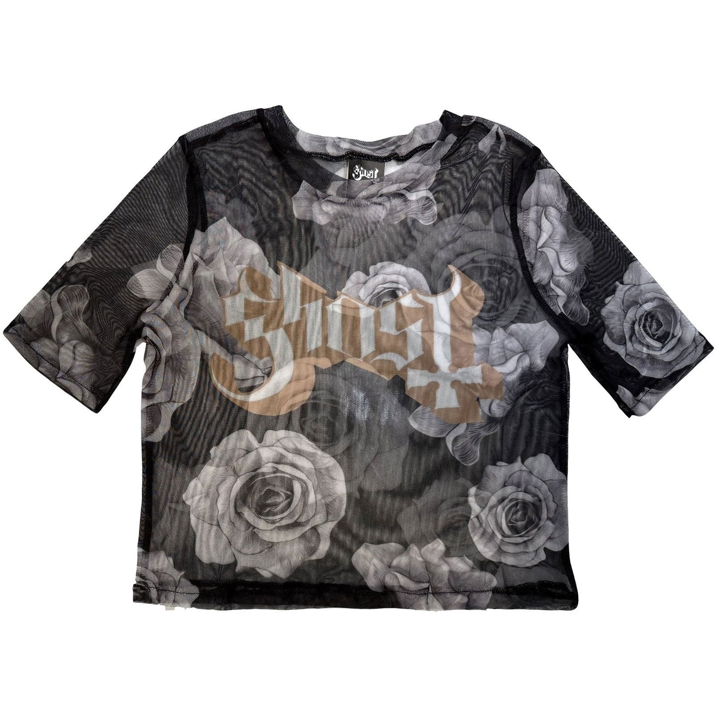 Black mesh crop top featuring a Ghost band logo and red rose graphic print.