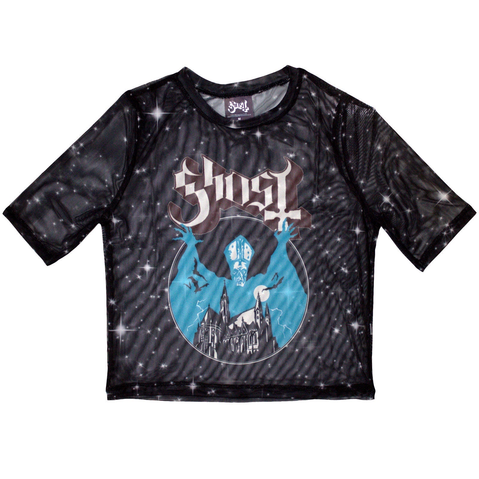 Sheer black mesh crop top with a graphic design, size XX-Small.