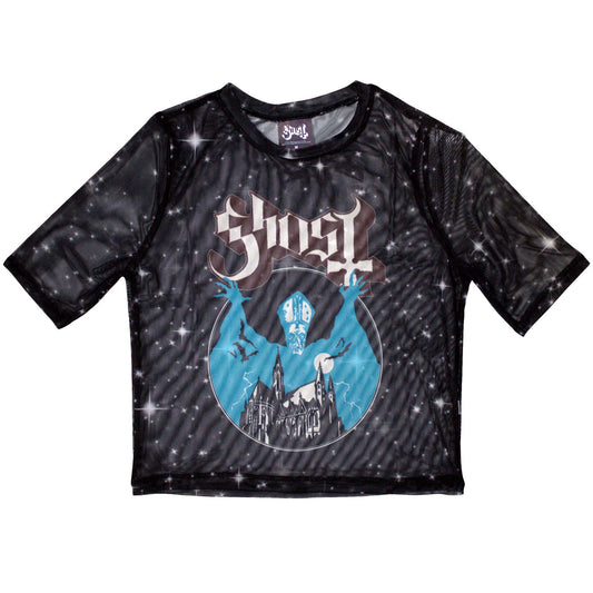 Sheer black mesh crop top with a graphic design, size XX-Small.