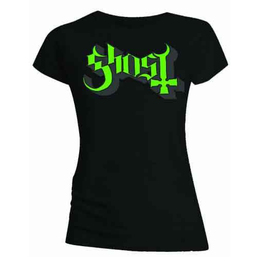 Black t-shirt with yellow and grey Ghost band logo, modeled by a woman.