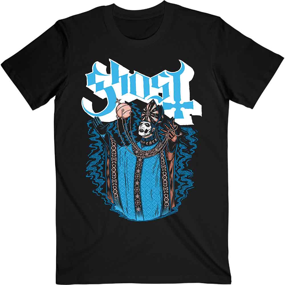 Black t-shirt with a blue and white Ghost band logo illustration.