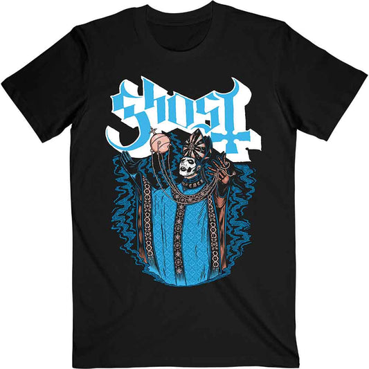 Black t-shirt with a blue and white Ghost band logo illustration.