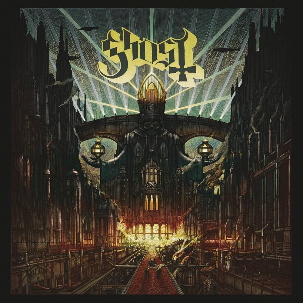 Ghost's "Meliora" neon green vinyl record with ornate cover art.