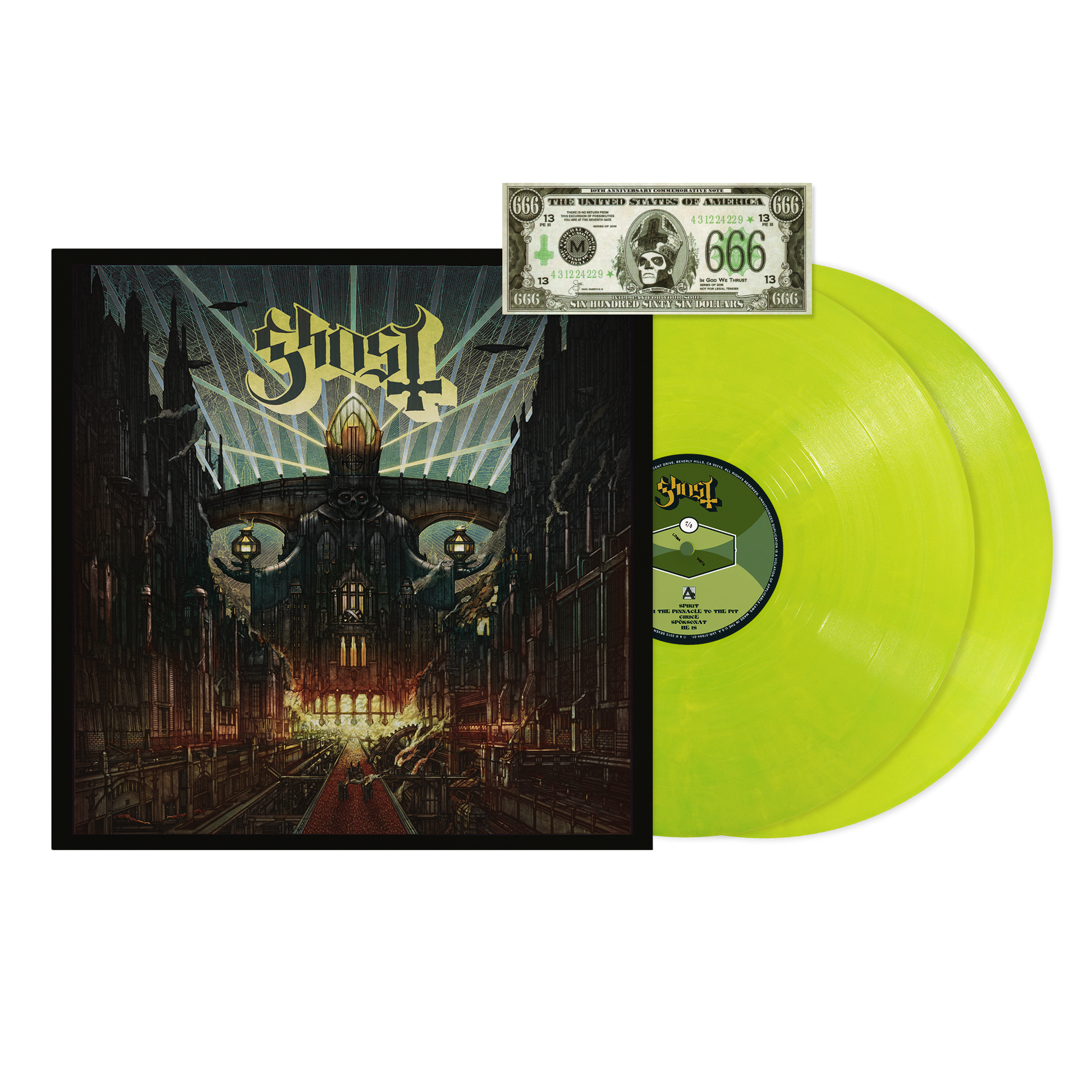 Ghost "Meliora" 10th Anniversary vinyl record with yellow coloring.