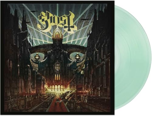 Ghost's "Meliora" vinyl record with clear, light green disc and gothic cover art.
