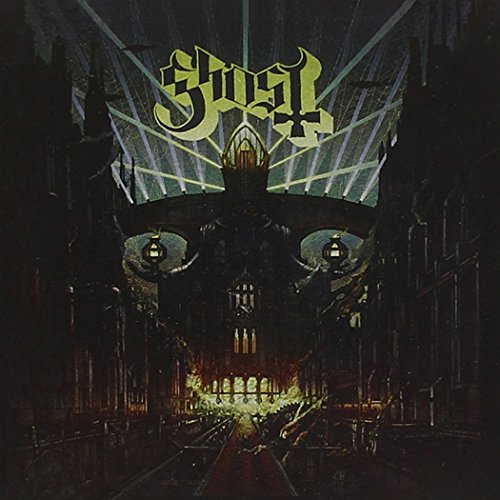 "Album cover art featuring a dark church with a skull-like facade and 'Ghost' in yellow."