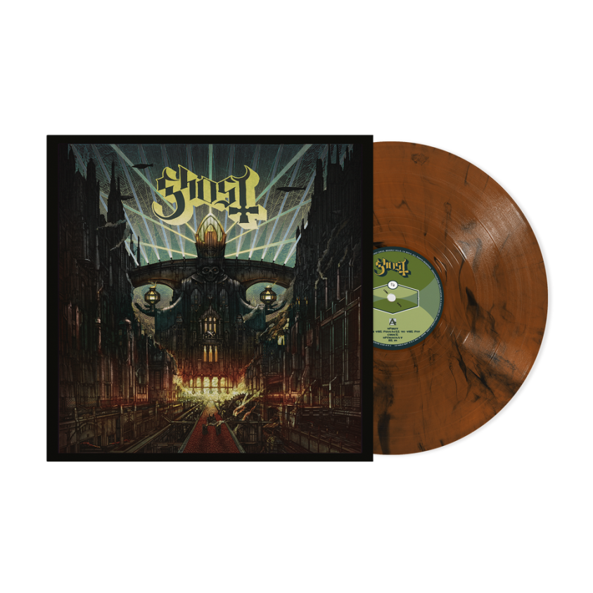 Ghost’s “Meliora” vinyl record with ornate church cover art.