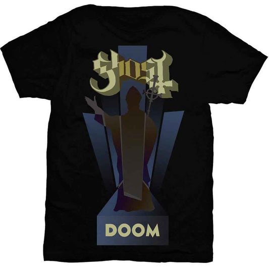 Black t-shirt featuring a Ghost band logo, a silhouette of a figure, and text.