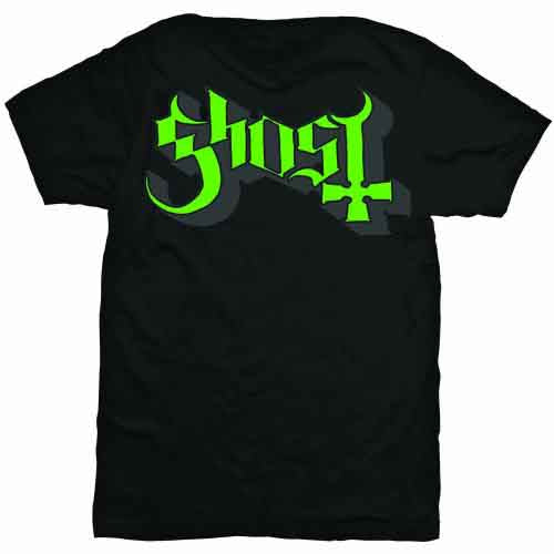 Black short-sleeve t-shirt with green and grey "Ghost" logo graphic.