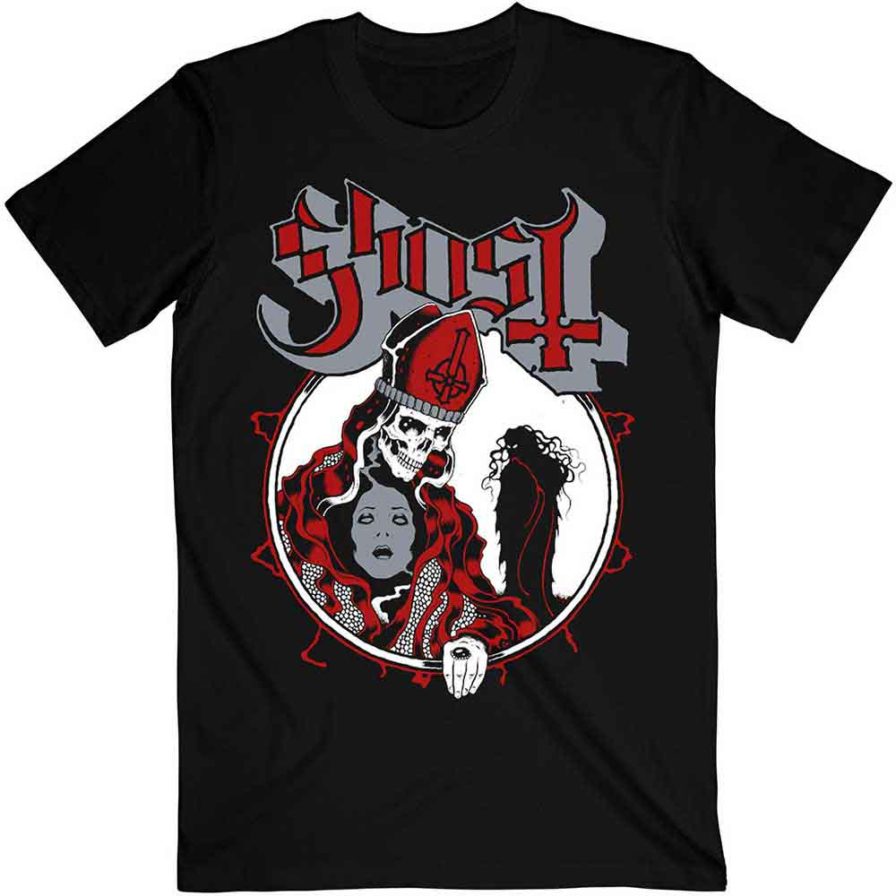 Man wearing a black Ghost band t-shirt with a skull design.