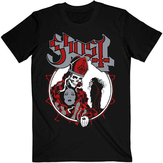 Man wearing a black Ghost band t-shirt with a skull design.