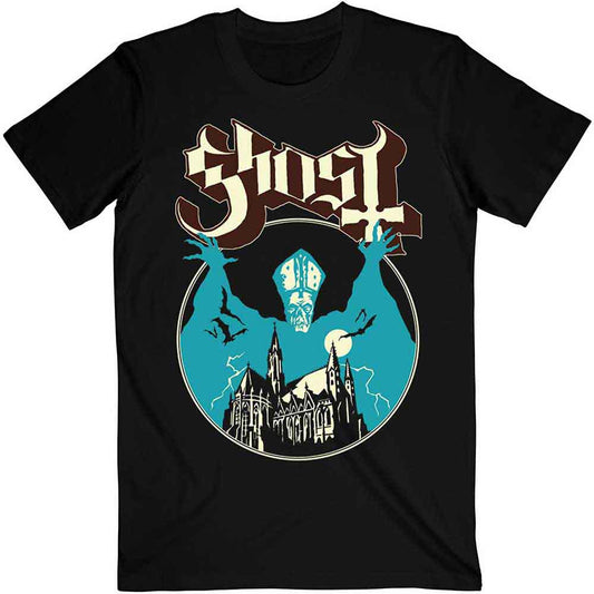 A man wearing a black t-shirt with a Ghost band logo and gothic illustration.