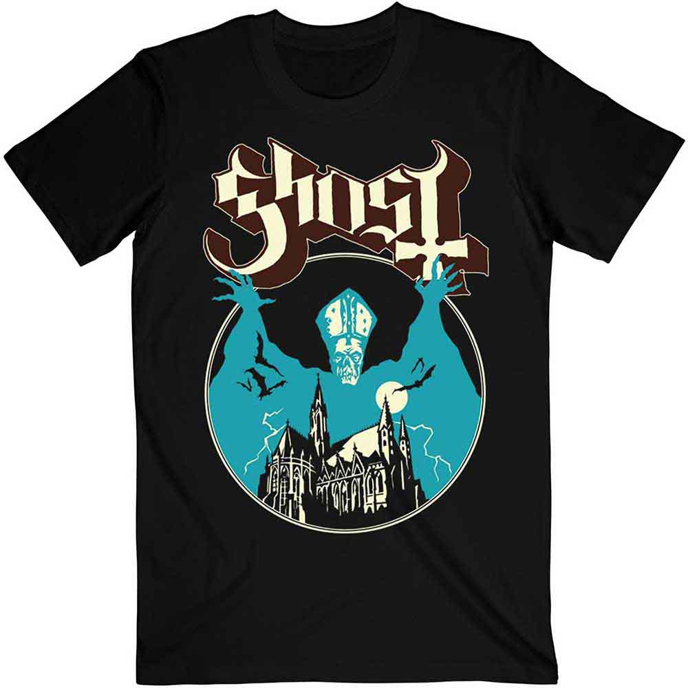 A man wearing a black t-shirt with a Ghost band logo and gothic illustration.