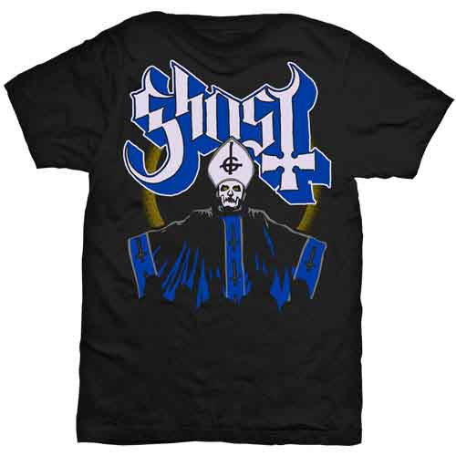 Man wearing a black t-shirt with a blue and gray Ghost band logo.