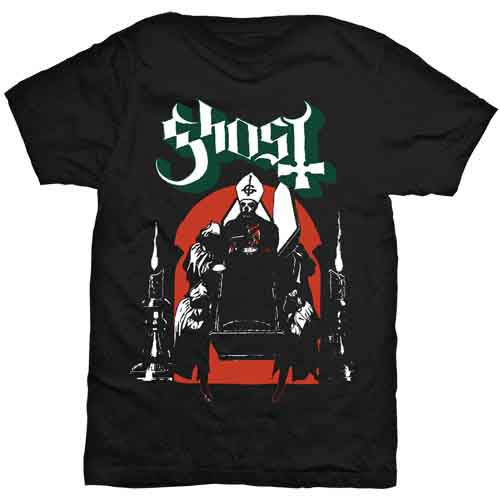 Black t-shirt with a graphic of a hooded figure and the word "Ghost".