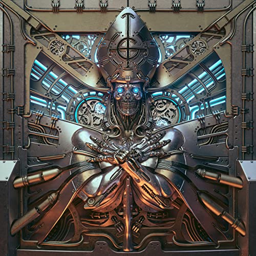 Robotic papal figure with glowing blue details and crossed hands.