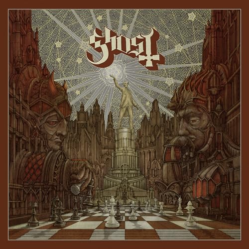 Album cover for Ghost’s Popestar, featuring figures and a chess game.