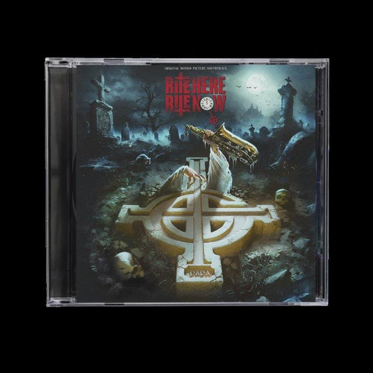 Ghost Rite Here Rite Now CD cover featuring a graveyard, stone cross, and figure.