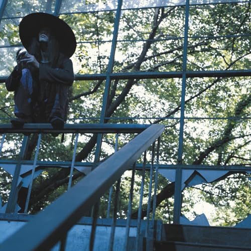 Figure in dark robes and hat seen through a window frame.
