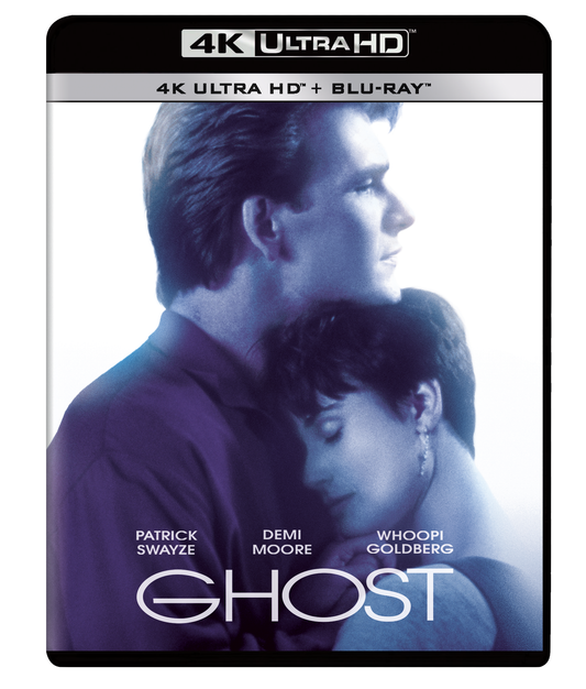 “Ghost” UHD Blu-ray cover featuring Patrick Swayze and Demi Moore in blue tones.