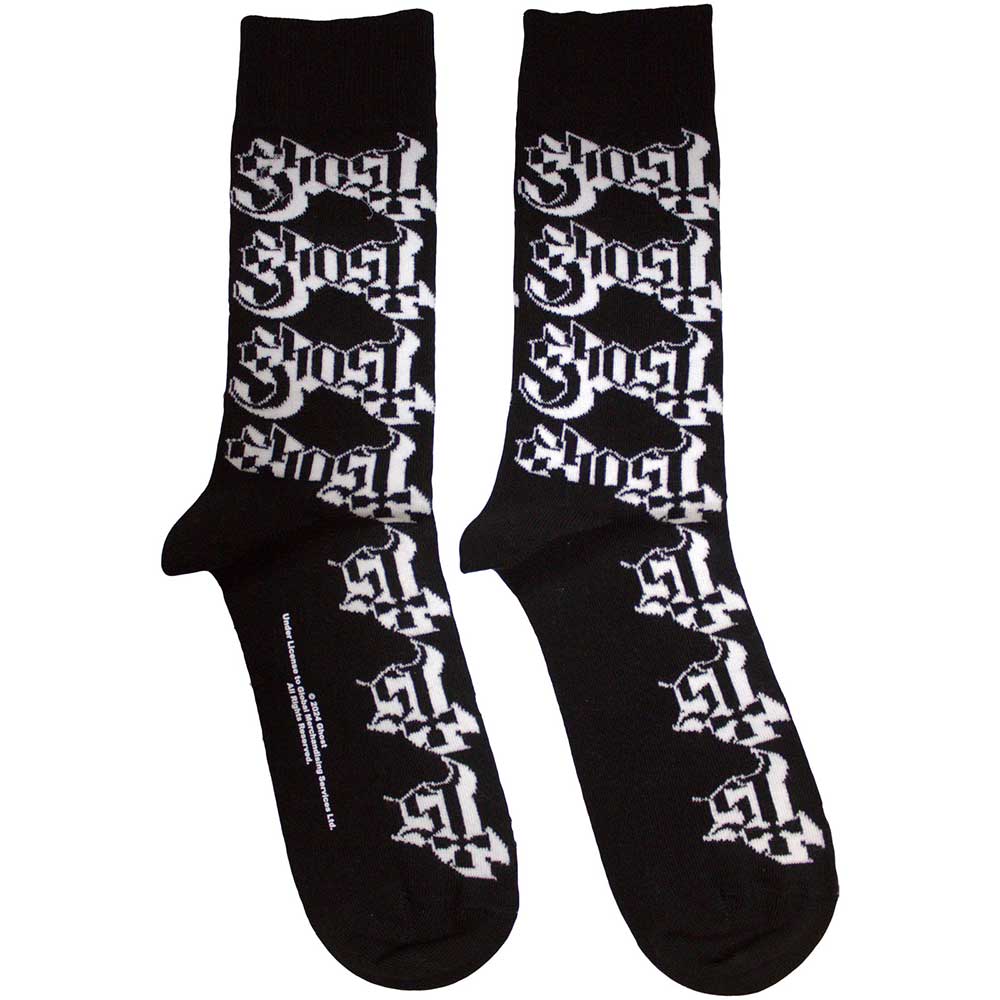 A pair of black and white unisex ankle socks featuring a repeating ghost pattern.