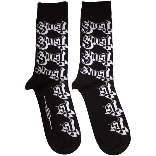 A pair of black and white unisex ankle socks featuring a repeating ghost pattern.