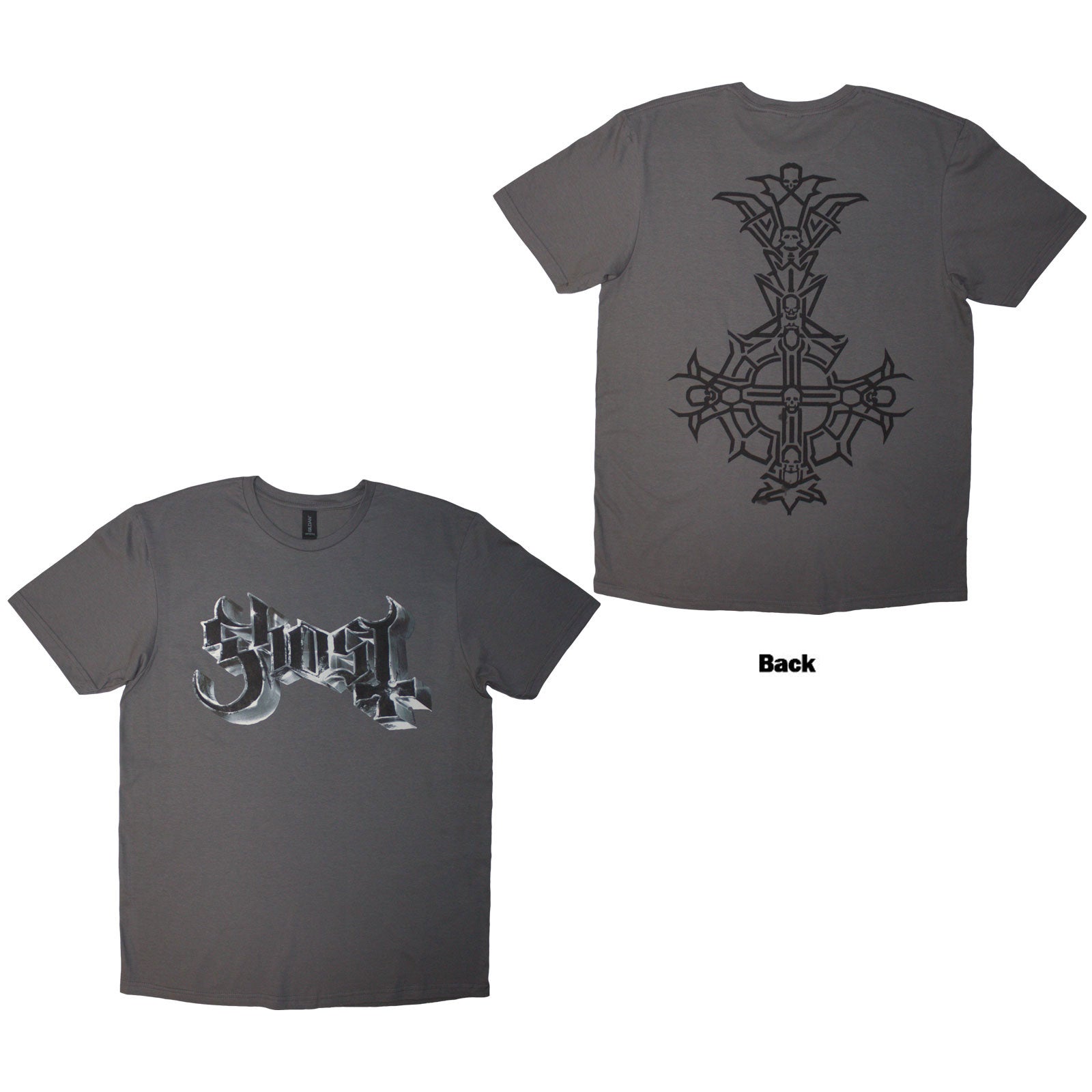 Charcoal grey t-shirt with silver "Ghost" logo and crucifix outline.
