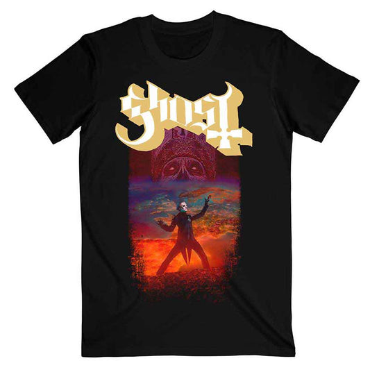 Black t-shirt with a gold and red Ghost band logo and imagery.