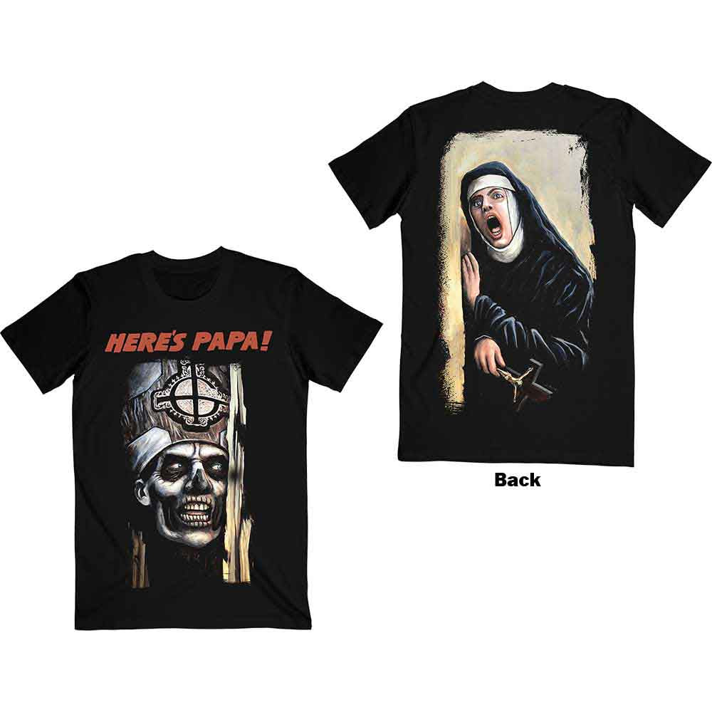 A man wearing a black t-shirt featuring a graphic of Papa Emeritus and text.