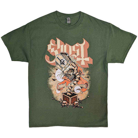 Black unisex t-shirt featuring a Jack-in-the-box ghost illustration, size small.