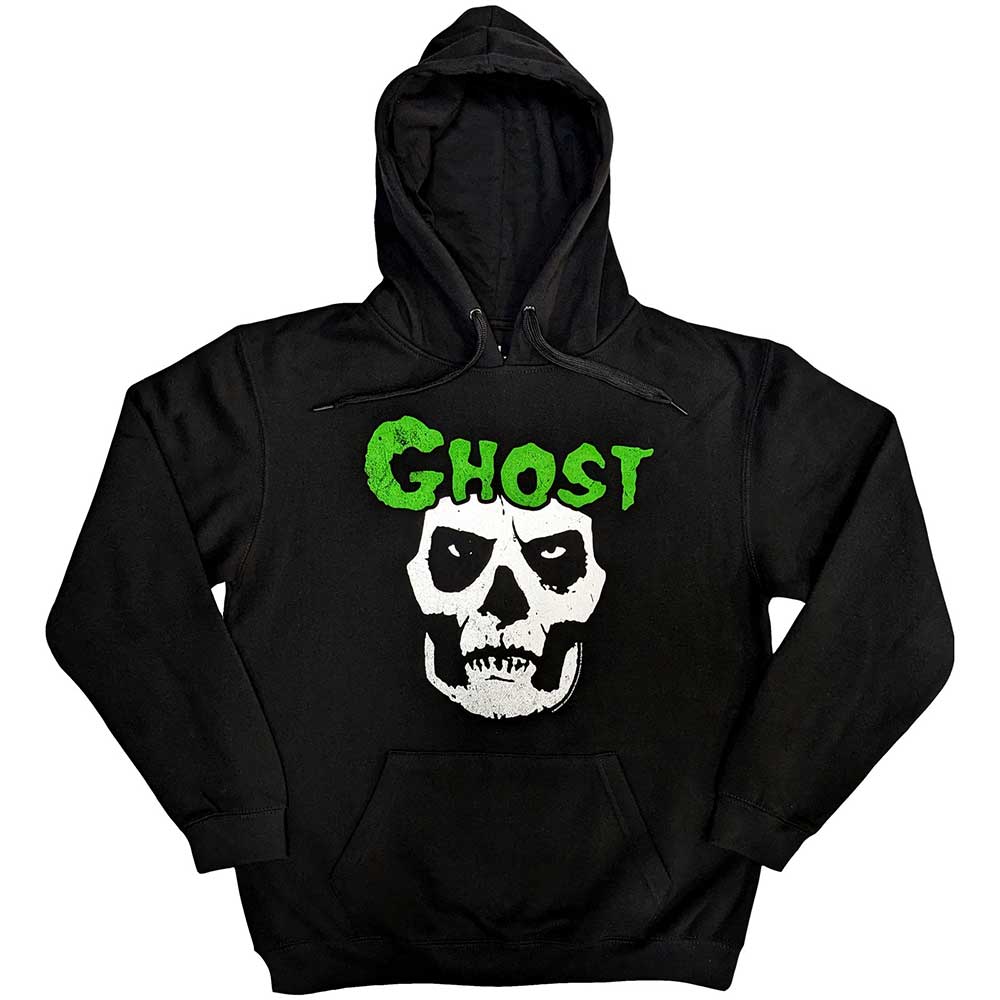 Unisex black pullover hoodie featuring a prominent white skull graphic on the front.