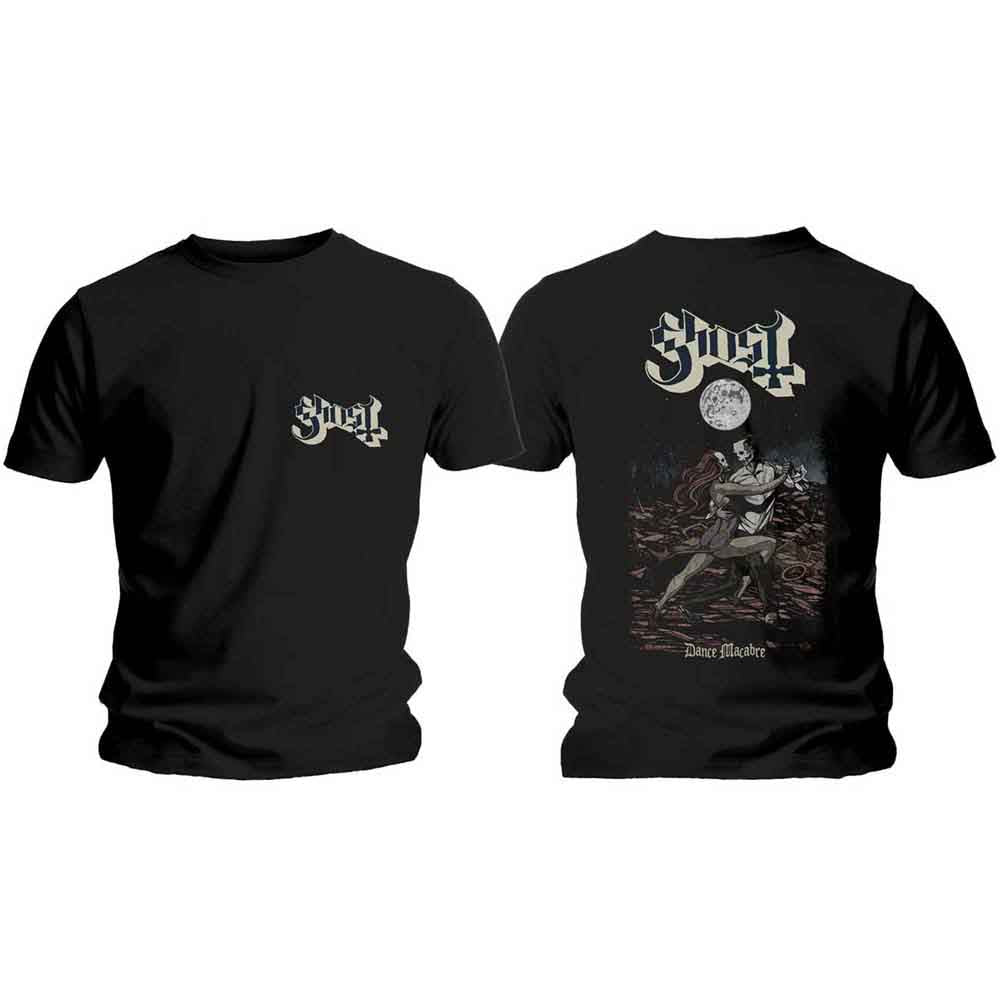 Black t-shirt with “Ghost” logo on the chest, modeled on a man.