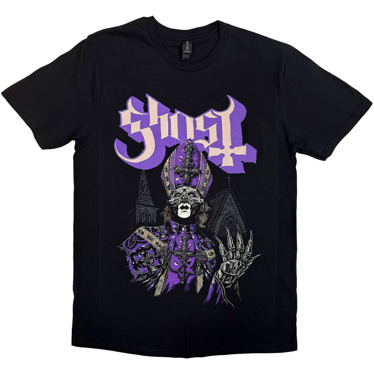 Black t-shirt with purple and white graphic of a cloaked figure.