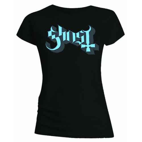 Black skinny-fit t-shirt with blue and grey "Ghost" logo graphic.