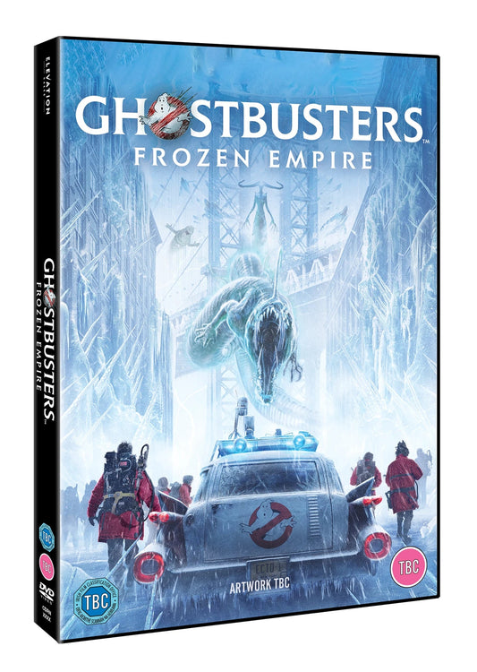 Ghostbusters: Frozen Empire DVD cover with ghostly figures and the Ecto-1.