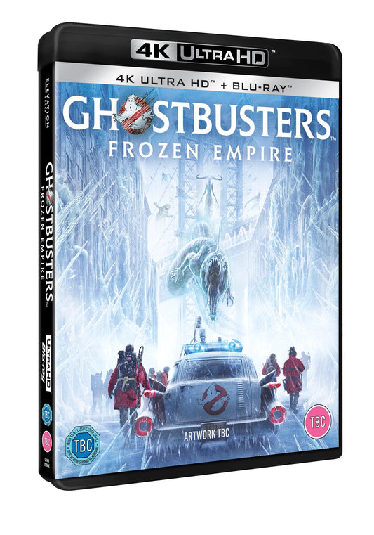Ghostbusters: Frozen Empire" Blu-ray cover featuring ghost and Ghostbusters team.