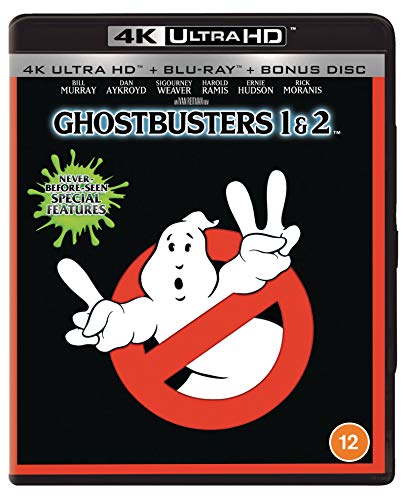 "Blu-ray case with black cover featuring the Ghostbusters logo and a cartoon ghost."