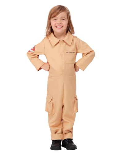 Toddler in a tan Ghostbusters jumpsuit costume with a logo on the sleeve.